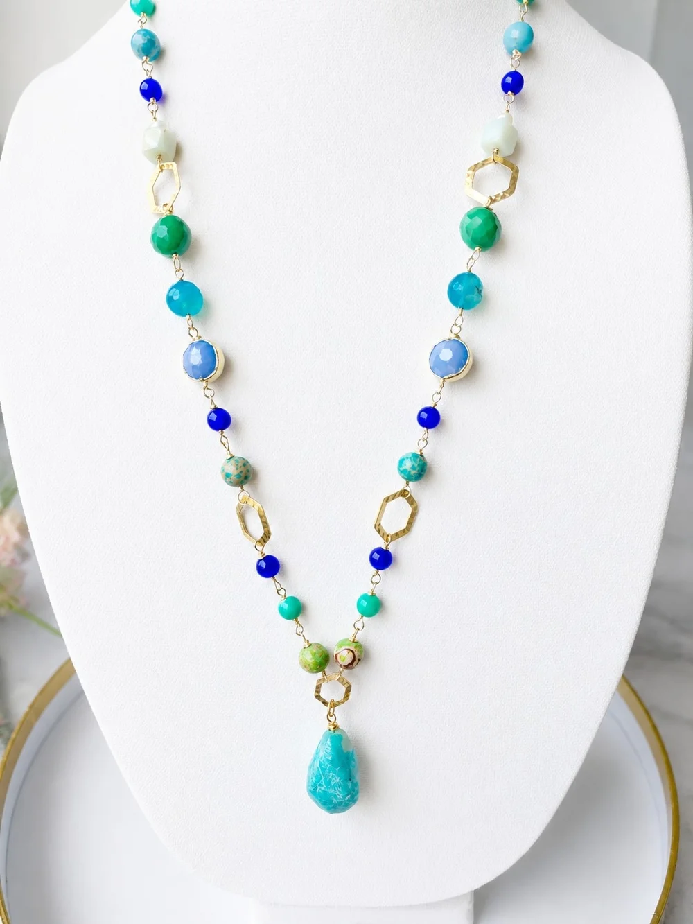 Coastal Multi-Blue Beaded Pendant Necklace -